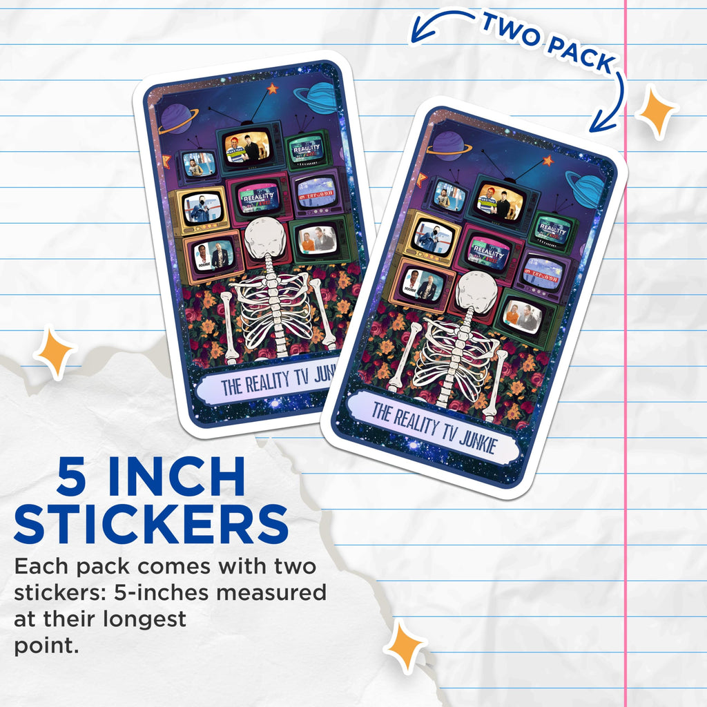 (2 Pack) Reality TV Junkie Stickers - Funny Skeleton Sticker - Television Fan Decal - 5" On Longest Side - Sticks to Smooth Flat Surfaces - Made in USA - BMCS9989