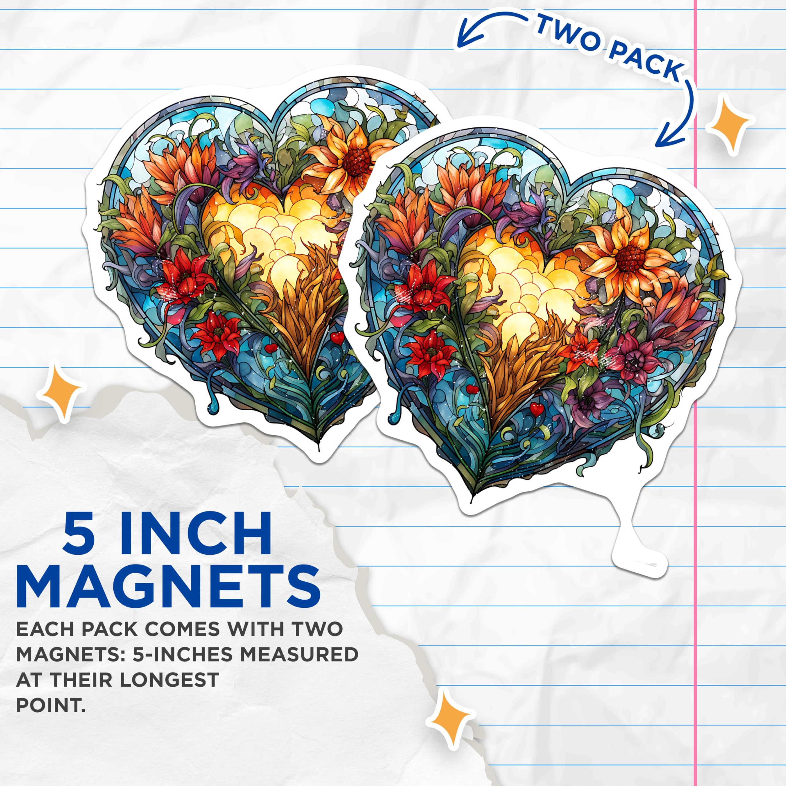 (2 Pack) Stained Glass Heart Magnets - Floral Botanical Art Nouveau Love Symbol - Vibrant Nature Inspired Fridge Locker Decor - 5 Inches On Longest Side - Thick Durable Magnet - Made in USA - MAG30258