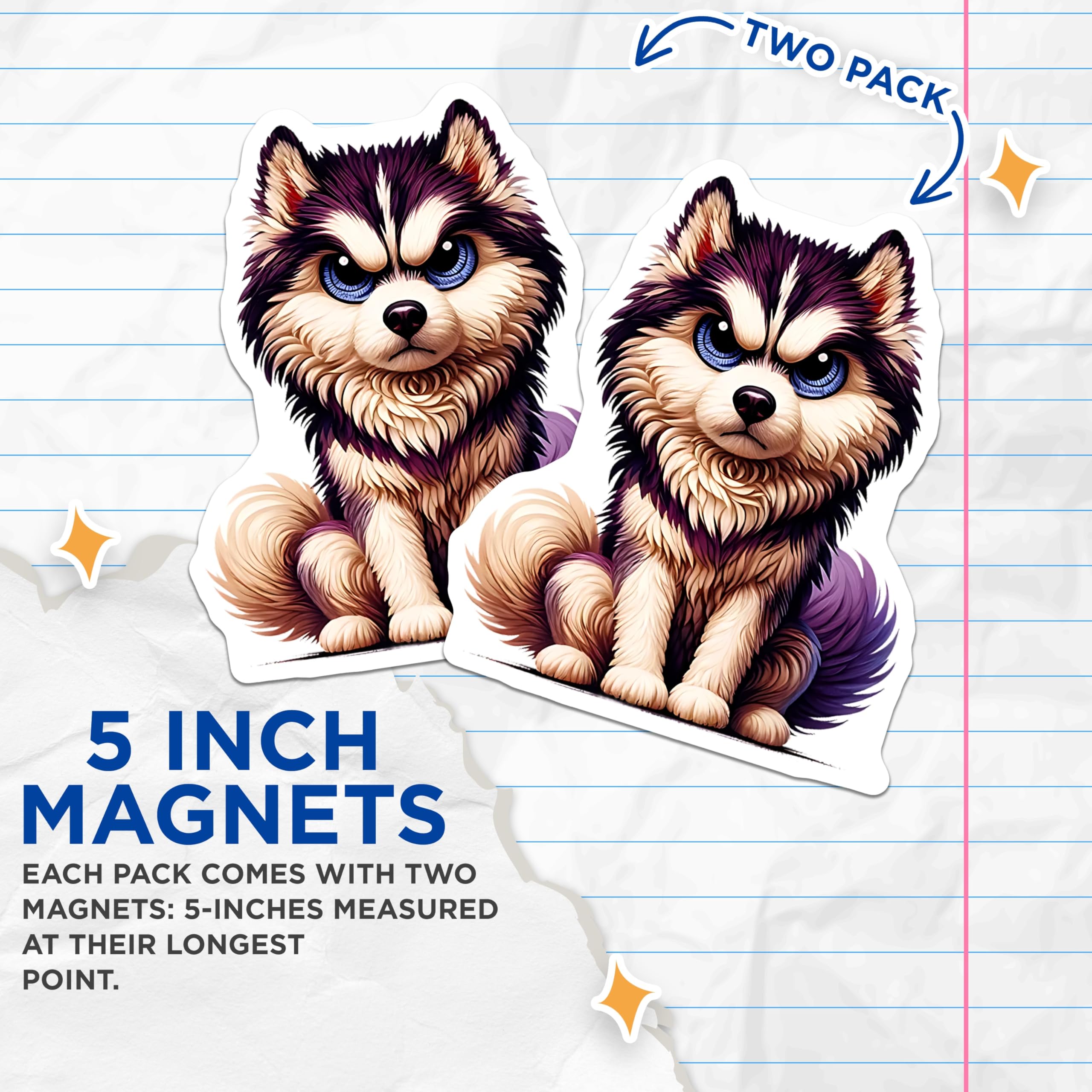 (2 Pack) Grumpy Husky Magnets - Cute Angry Dog - Fridge Decor - 5" On Longest Side - Premium Magnet - for Cars, Refrigerators, Toolboxes, Lockers - Made in USA - MAG15774