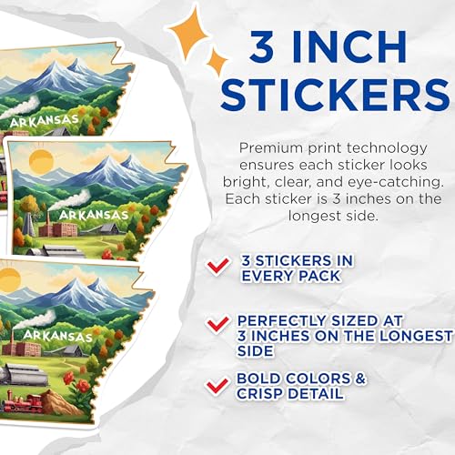 (3 Pack) Arkansas Decals - State Travel - Retro Illustration - 3 Inches On Longest Side - Easy Peel & Apply - Made in USA - 3MCS0126