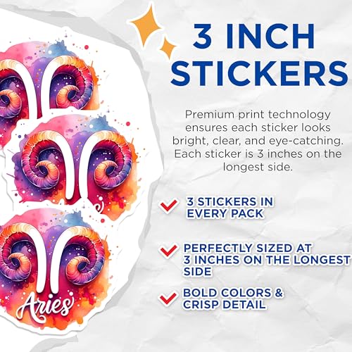 (3 Pack) Aries Zodiac Decals - Colorful Astrology Decals - Laptop Decal- 3 Inches On Longest Side - Easy Peel & Apply - Made in USA - 3MCS5938