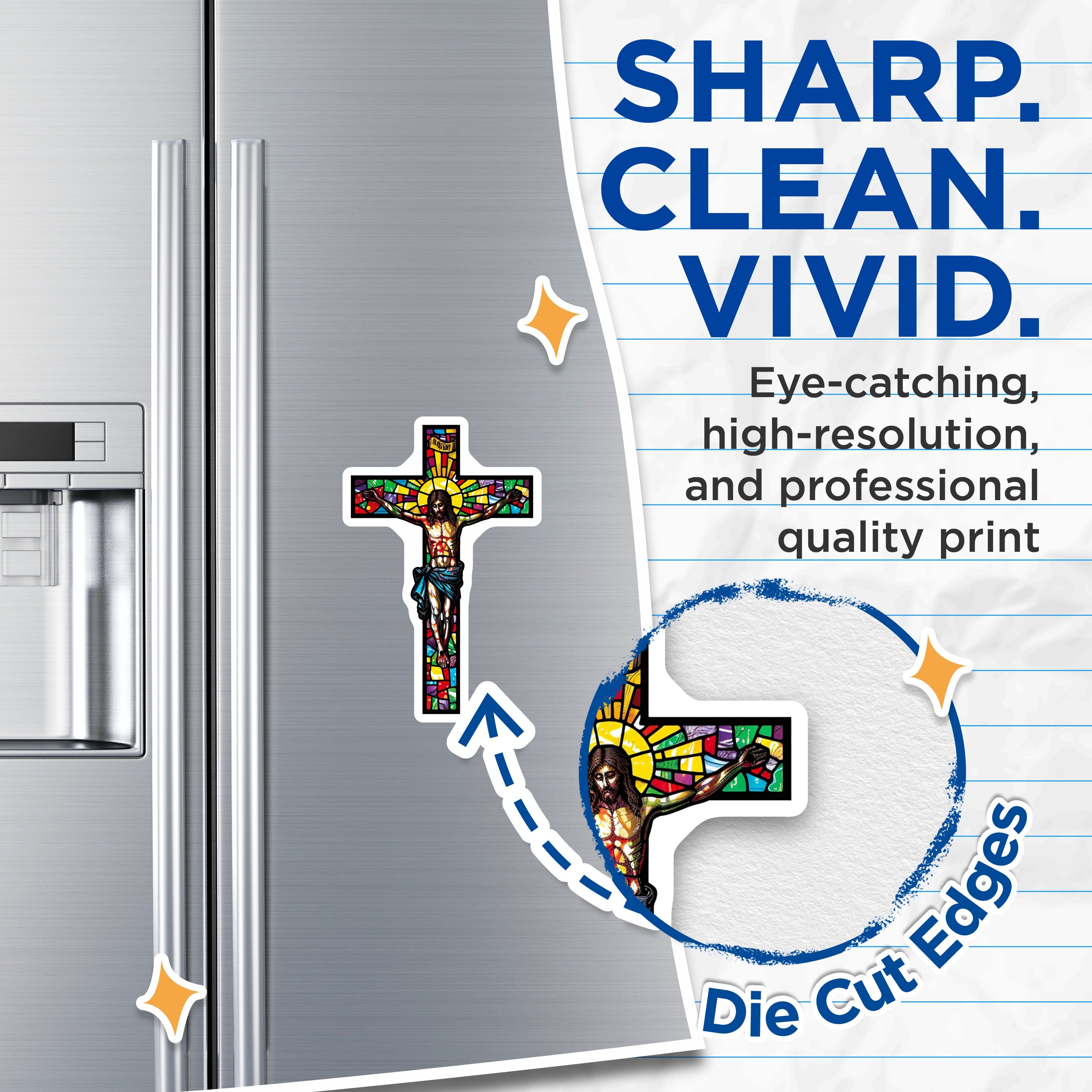 (2 Pack) Stained Glass Jesus Magnets - Christian Crucifixion Art - Catholic Faith Home Decor - Spiritual Refrigerator Magnet - 5 Inches On Longest Side - Thick Durable Magnet - Made in USA - MAG37281