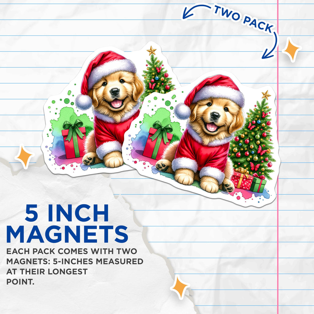 (2 Pack) Golden Retriever Christmas Magnets - Santa Puppy Decor - Holiday Dog Lover Refrigerator - 5 Inches On Longest Side - Thick Durable Magnet - Made in USA - MAG29120