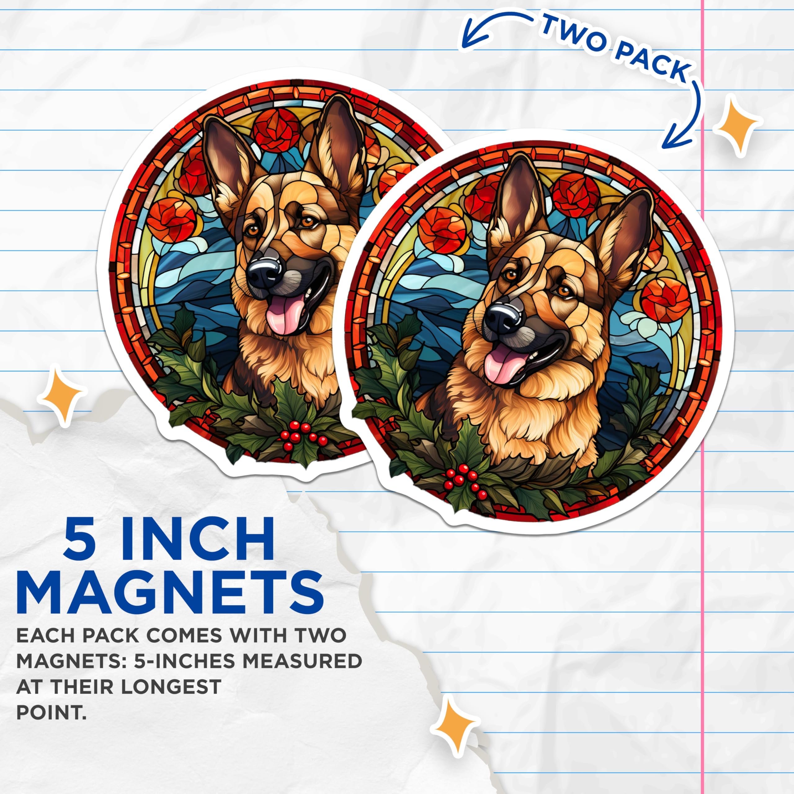 (2 Pack) German Shepherd Magnets - Stained Glass Dog Art - Holiday Pet Decor - Dog Mom Dad Appliance Magnet - 5 Inches On Longest Side - Thick Durable Magnet - Made in USA - MAG27422