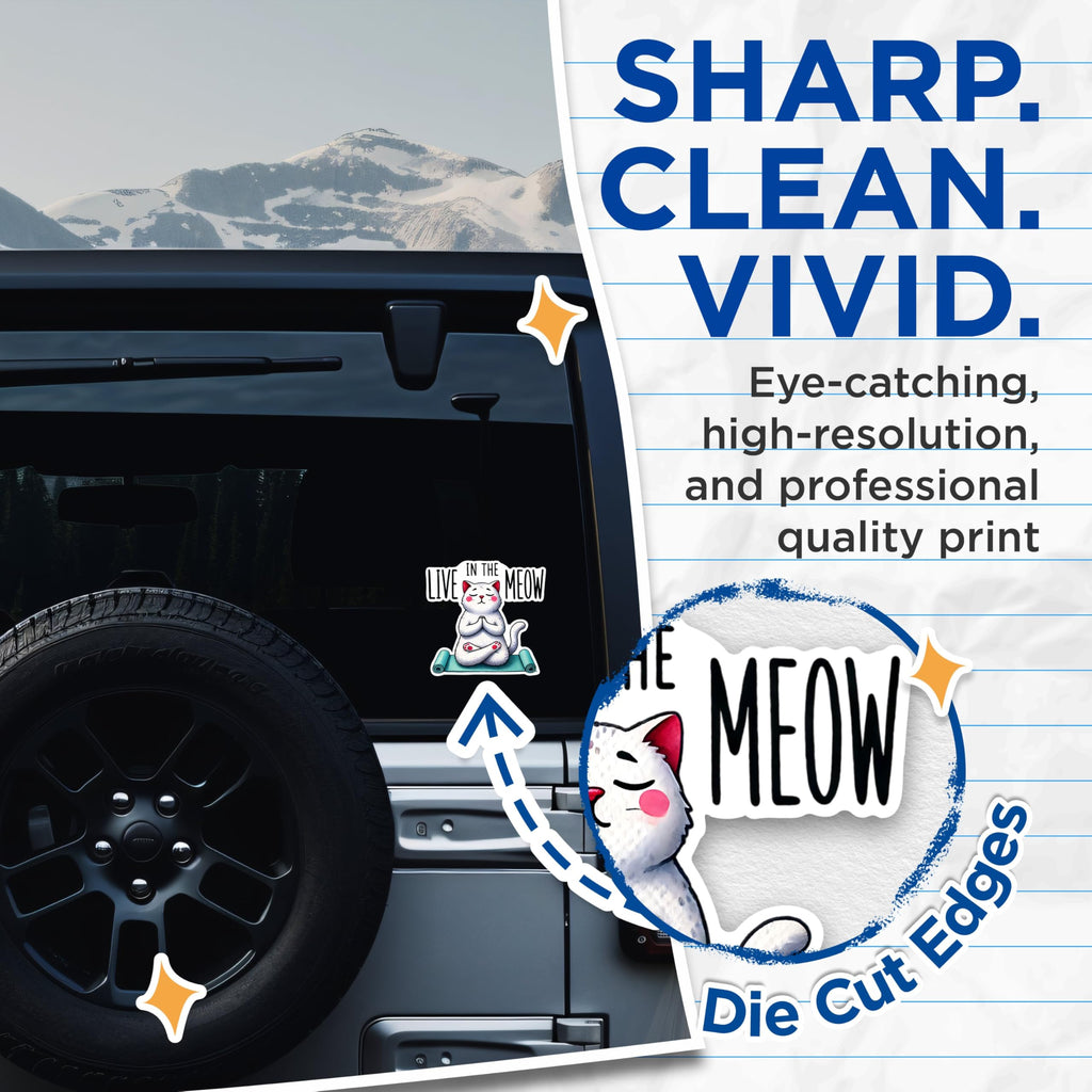 (2 Packs) Live In The Meow Stickers - Cute Funny Peaceful Cat Meditating Meditation Decals - 5 Inches On Longest Side - Premium Vinyl Decal - Sticks To Any Smooth Flat Surface - Made In USA - BMCS2415