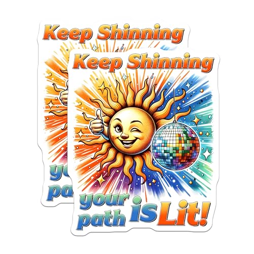 (2 Pack) Inspirational Sun Stickers - Winking Sun Sticker - Disco Ball Sticker Art - Keep Shining Positive Stickers - 5" On Longest Side - Sticks to Any Smooth Flat Surface - Made in USA - BMCS3231