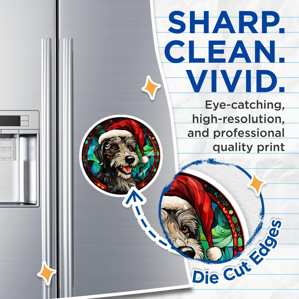 (2 Pack) Festive Christmas Dog Magnets for Refrigerator - Santa Hat Terrier Stained Glass Art - Merry Holiday Puppy Pet Decor - 5 Inches On Longest Side - Thick Durable Magnet - Made in USA - MAG24945
