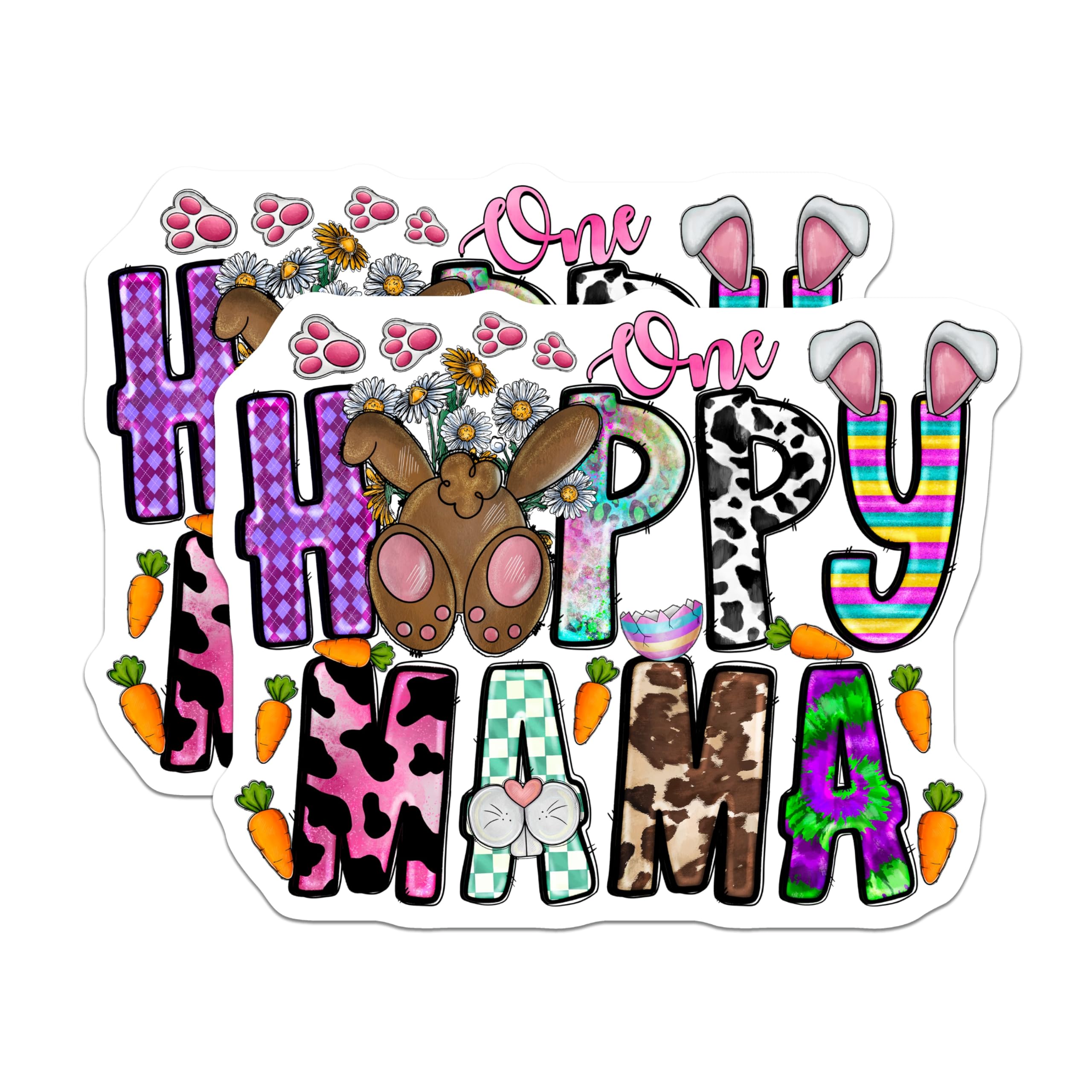 (2 Pack) One Happy Mama Easter Magnets - New Mom Spring Decor - Bunny Farmhouse Kitchen Refrigerator Art - 5 Inches On Longest Side - Thick Durable Magnet - Made in USA - MAG26481