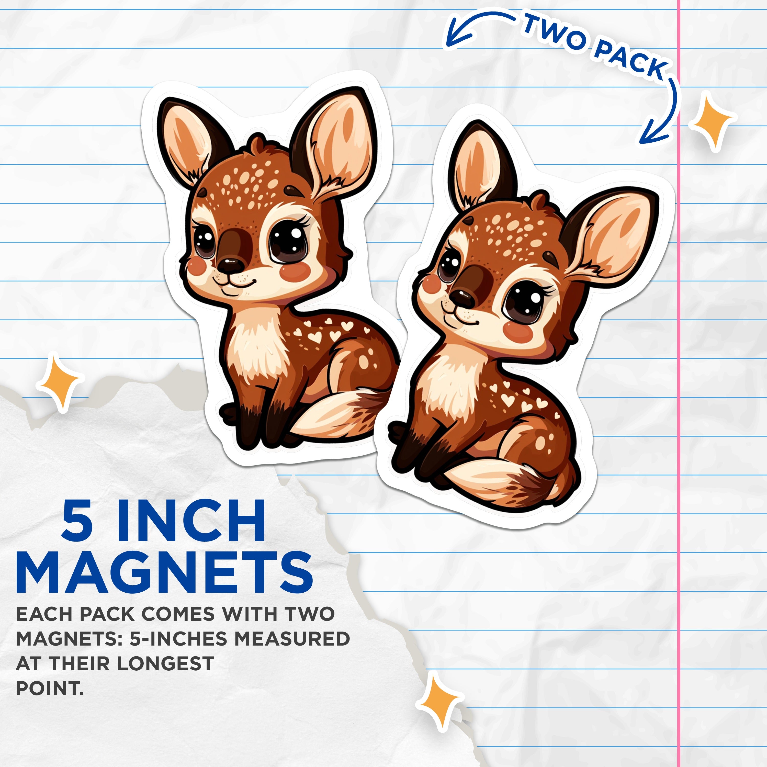 (2 Pack) Cute Fawn Magnets - Adorable Baby Deer Decor - Woodland Nursery Kitchen Fridge Locker Magnet - 5 Inches On Longest Side - Thick Durable Magnet - Made in USA - MAG37229