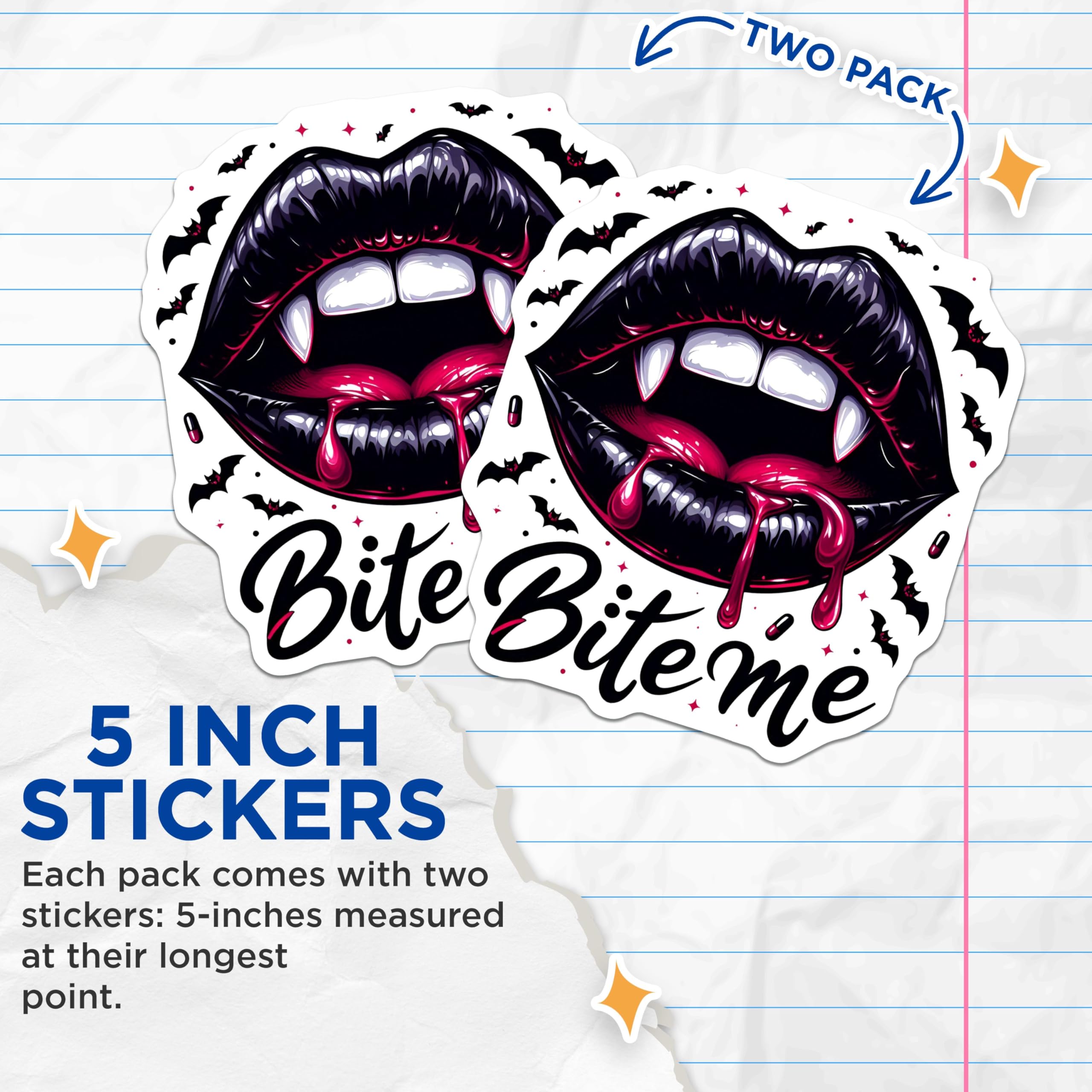 (2 Pack) Bite Me Stickers - Vampire Lips Decal - Gothic Mouth Art - 5" On Longest Side - Sticks to Smooth Flat Surfaces - Made in USA - BMCS8821 - Dripping Blood Design - Halloween Sticker Set