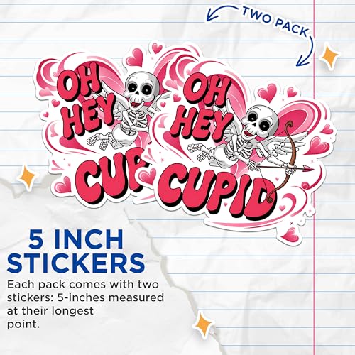 (2 Pack) Cupid Skeleton Stickers - Valentine Skull Stickers - Cute Skull Cupid Decal - 5" On Longest Side - Sticks to Any Smooth Flat Surface - Made in USA - BMCS3020