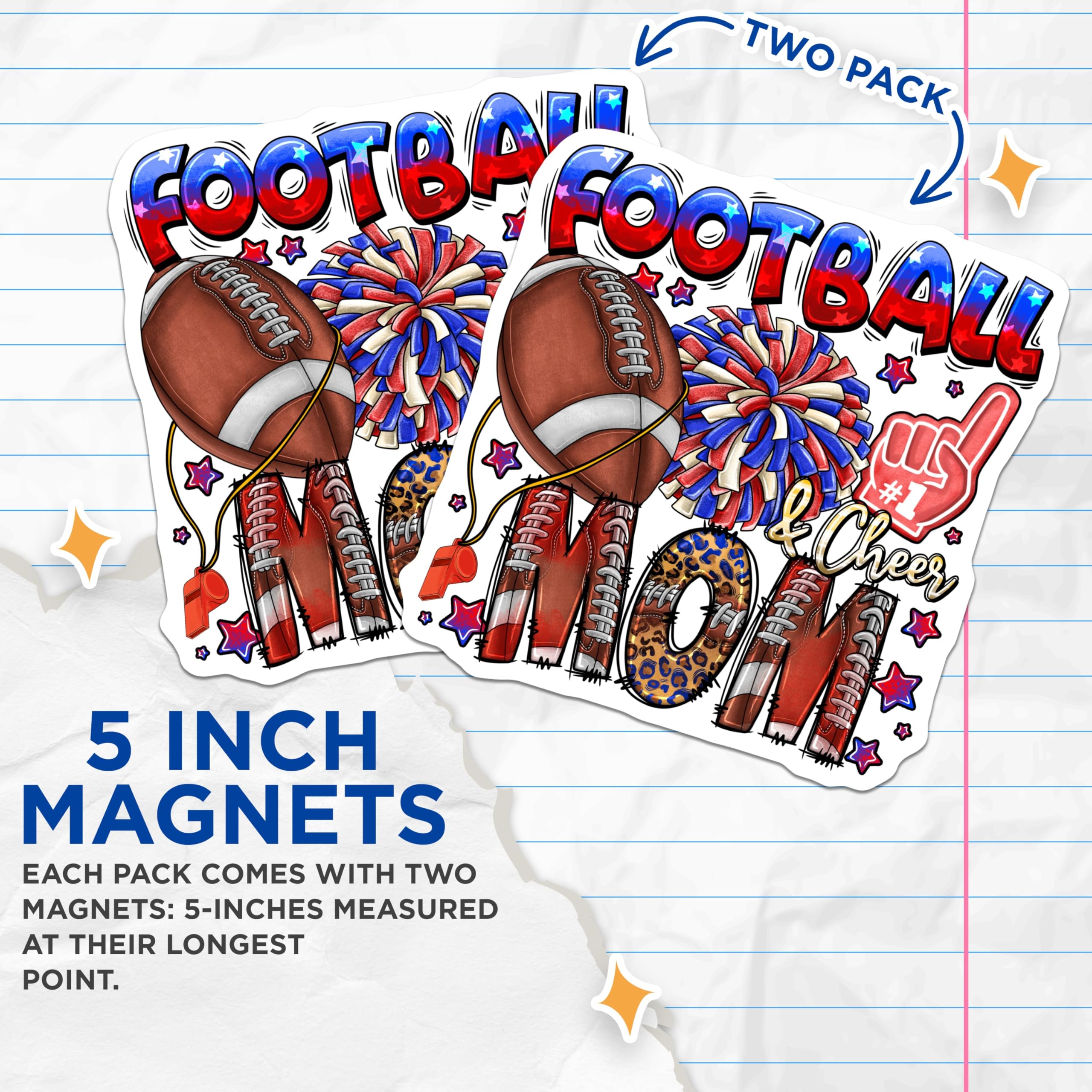 (2 Pack) Football Cheer Mom Magnets - Game Day Season Accessories - Sports Fan Spirit Display - 5 Inches On Longest Side - Thick Durable Magnet - Made in USA - MAG23605