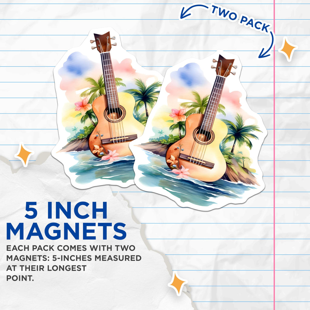 (2 Pack) Watercolor Ukulele Magnets - Tropical Island Paradise Decor - Hawaiian Music Beach Vibes - Coastal Kitchen Souvenirs - 5 Inches On Longest Side - Thick Durable Magnet - Made in USA - MAG20765