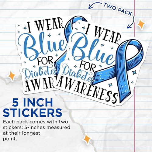 (2 Pack) Diabetes Awareness Stickers - Blue Ribbon Stickers - Support Health Cause Stickers - 5" On Longest Side - Sticks to Smooth Flat Surfaces - Made in USA - BMCS3818