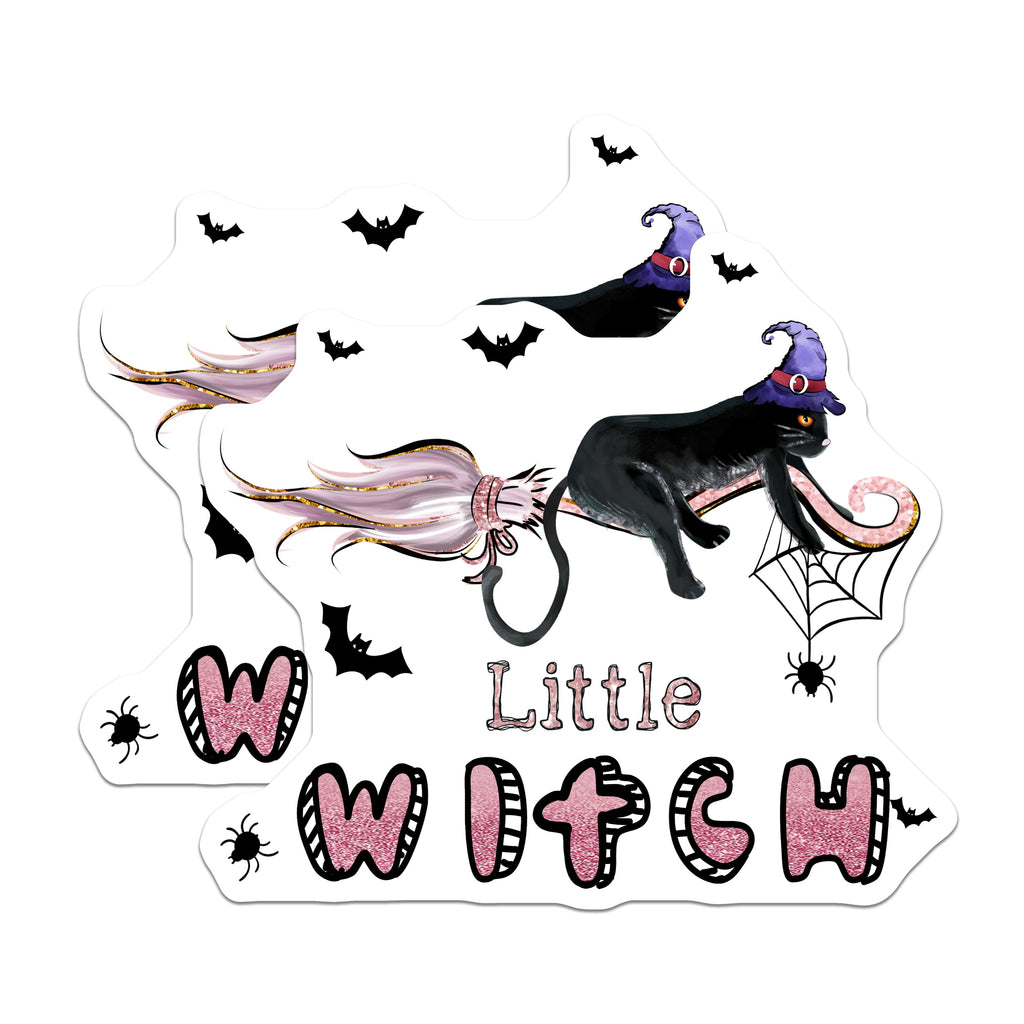 (2 Pack) Witchy Cat Magnets - Little Halloween Decor - Black Kitty Broomstick Ride - Pink Glitter Art - 5 Inches On Longest Side - Thick Durable Magnet - Made in USA - MAG36586