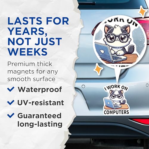 (2 Pack) Cute Cat Working on Computer Magnets - 5" On Longest Side - for Cars, Fridges, Toolboxes - Made in USA - MAG7433
