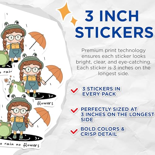 (3 Pack) Girl and Frog Decals - No Rain No Flowers - Laptop Stickers- 3 Inches On Longest Side - Easy Peel & Apply - Made in USA - 3MCS5248