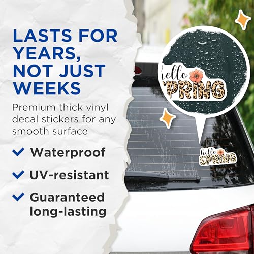 (2 Pack) Hello Spring Stickers - Leopard Print Flower Decal - Seasonal Greeting - 5" On Longest Side - Sticks to Smooth Flat Surfaces - Made in USA - BMCS8008