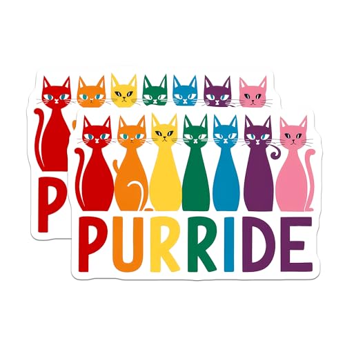 (2 Pack) Pride Cat Stickers - Rainbow Cat Decals - Purride LGBT Stickers - 5" On Longest Side - Sticks to Smooth Flat Surfaces - Made in USA - BMCS9545
