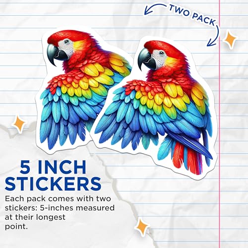 (2 Pack) Colorful Parrot Stickers - Vibrant Bird Stickers - Tropical Wildlife Stickers - 5" On Longest Side - Sticks to Smooth Flat Surfaces - Made in USA - BMCS4522