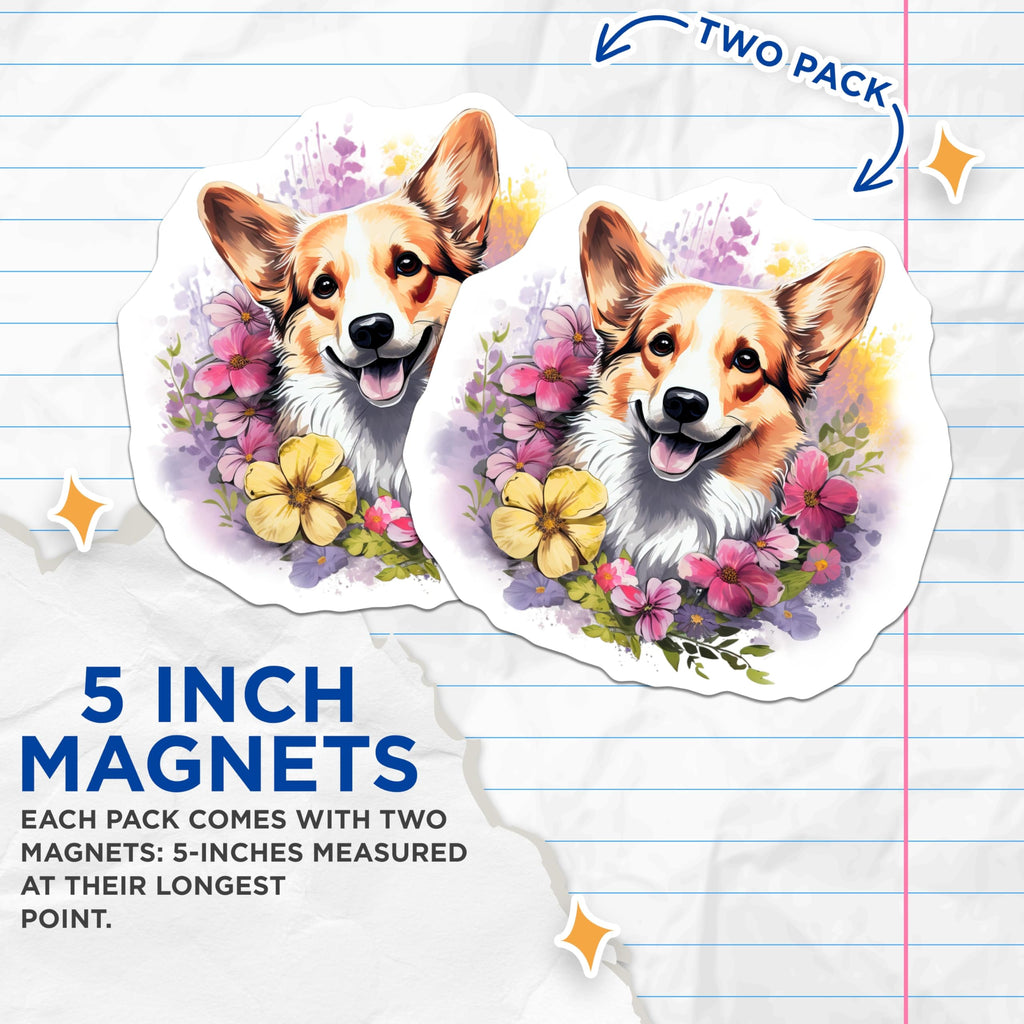 (2 Pack) Watercolor Corgi Magnets - Smiling Dog Art - Spring Flower Pet Lover Magnets - 5 Inches On Longest Side - Thick Durable Magnet - Made in USA - MAG23927