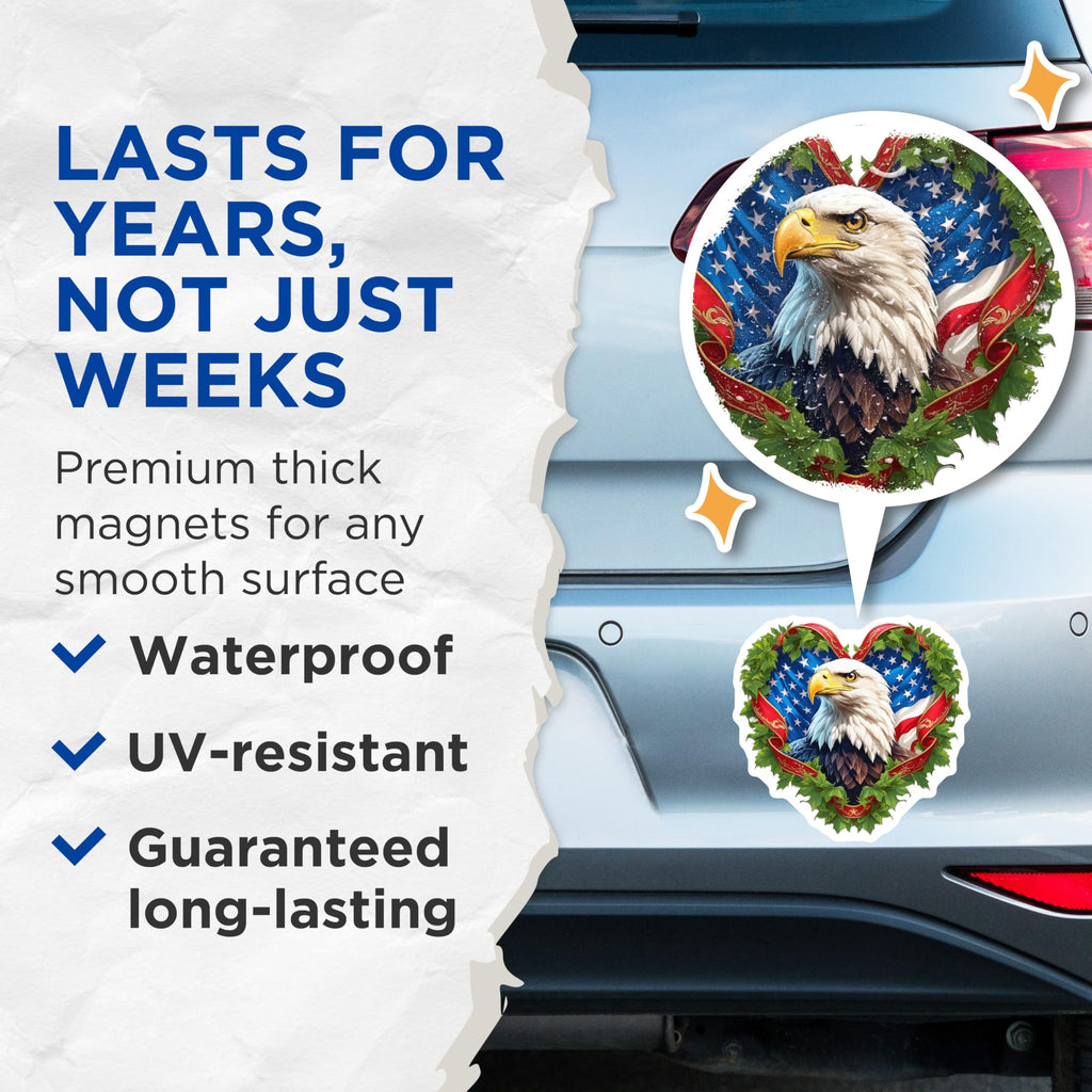 (2 Pack) Bald Eagle Magnets - American Flag Heart Design - Patriotic Home Decor - USA Freedom Symbol Refrigerator Magnets - 5 Inches On Longest Side - Thick Durable Magnet - Made in USA - MAG21904