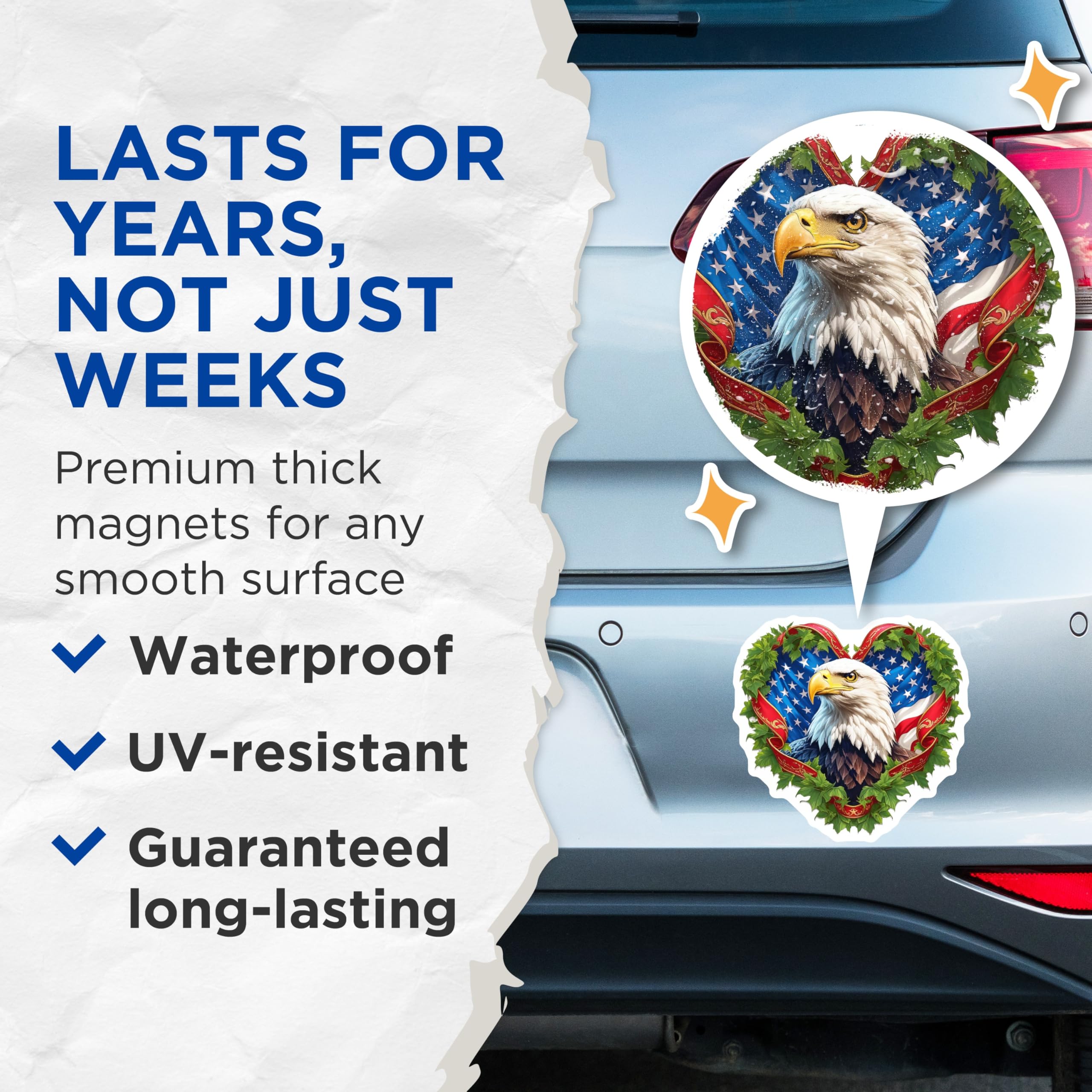 (2 Pack) Bald Eagle Magnets - American Flag Heart Design - Patriotic Home Decor - USA Freedom Symbol Refrigerator Magnets - 5 Inches On Longest Side - Thick Durable Magnet - Made in USA - MAG21904