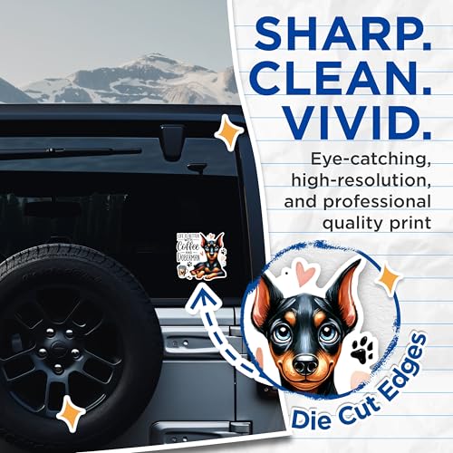 (2 Packs) Life is Better with Coffee and Doberman Stickers - Doberman Dog Breed Decals - 5 Inches On Longest Side - Premium Vinyl Decal - Sticks to Any Smooth Flat Surface - Made in USA - BMCS2380