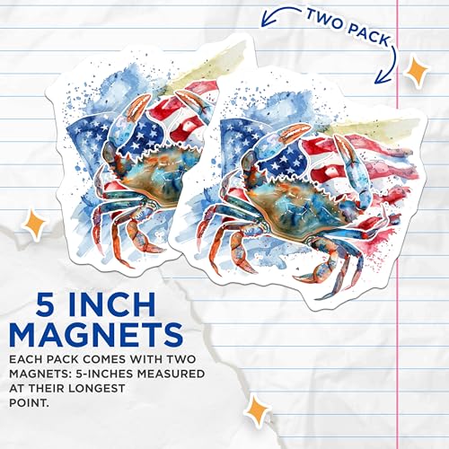 (2 Pack) Patriotic Crab Magnets - American Flag Magnet - Sea Life Kitchen Decor - 5" On Longest Side - for Cars, Fridges, Toolboxes - Made in USA - MAG6956
