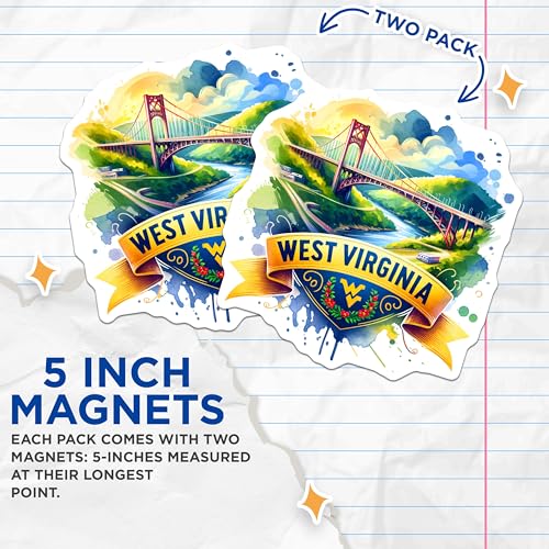 (2 Pack) West Virginia Magnets - Bridge Art - State Souvenir - Travel Keepsake - 5" On Longest Side - for Cars, Fridges, Toolboxes - Made in USA - MAG6706