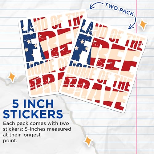 (2 Pack) Patriotic Stickers - Land of The Free - Home of The Brave - American Flag Stickers - 5" On Longest Side - Sticks to Smooth Flat Surfaces - Made in USA - BMCS5135