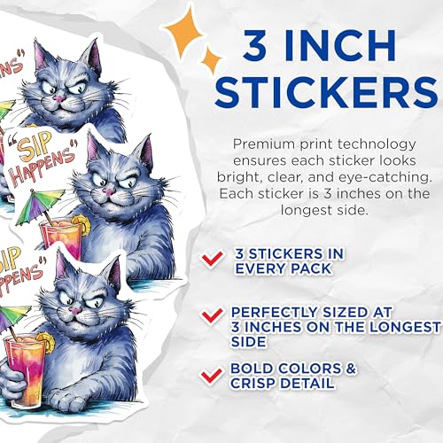 (3 Pack) Funny Cat Decals - Sip Happens - Cocktail Lover Decals - 3 Inches On Longest Side - Easy Peel & Apply - Made in USA - 3MCS7323