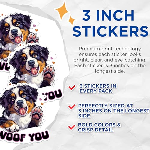 (3 Pack) Bernese Mountain Dog Decals - I Woof You Decal - Dog Lover Decal - 3 Inches On Longest Side - Easy Peel & Apply - Made in USA - 3MCS1396