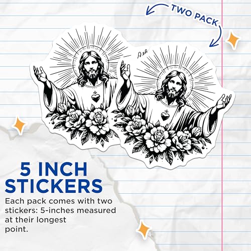 (2 Pack) Jesus Christ Faith Stickers - Christian Religious Art - Inspirational and Spiritual - 5" On Longest Side - Sticks to Smooth Flat Surfaces - Made in USA - BMCS7330