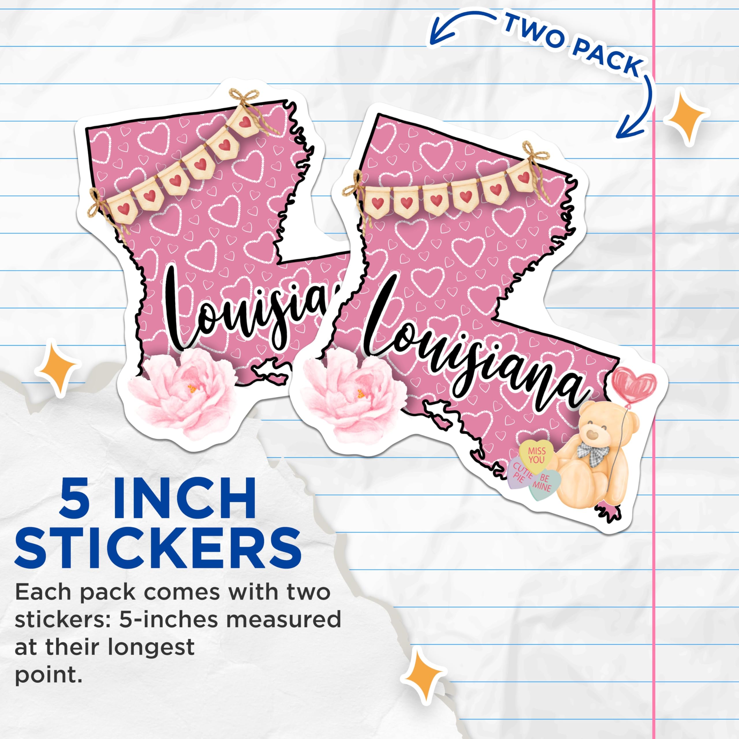 (2 Pack) Louisiana Stickers - Teddy Bear Candy Heart - State Love Stickers - 5" On Longest Side - Sticks to Smooth Flat Surfaces - Made in USA - BMCS18441
