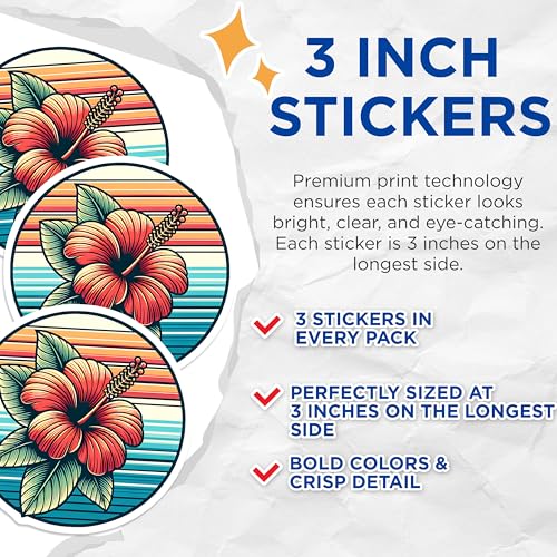 (3 Pack) Hibiscus Flower Decals - Retro Sunset - Tropical Plant Stickers - 3 Inches On Longest Side - Easy Peel & Apply - Made in USA - 3MCS7536