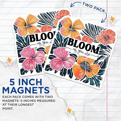(2 Pack) Bloom As You are Magnets - Inspirational Floral Magnets - Colorful Hibiscus Magnets for Home - Positive Message - 5" On Longest Side - for Cars, Fridges, Toolboxes - Made in USA - MAG3864