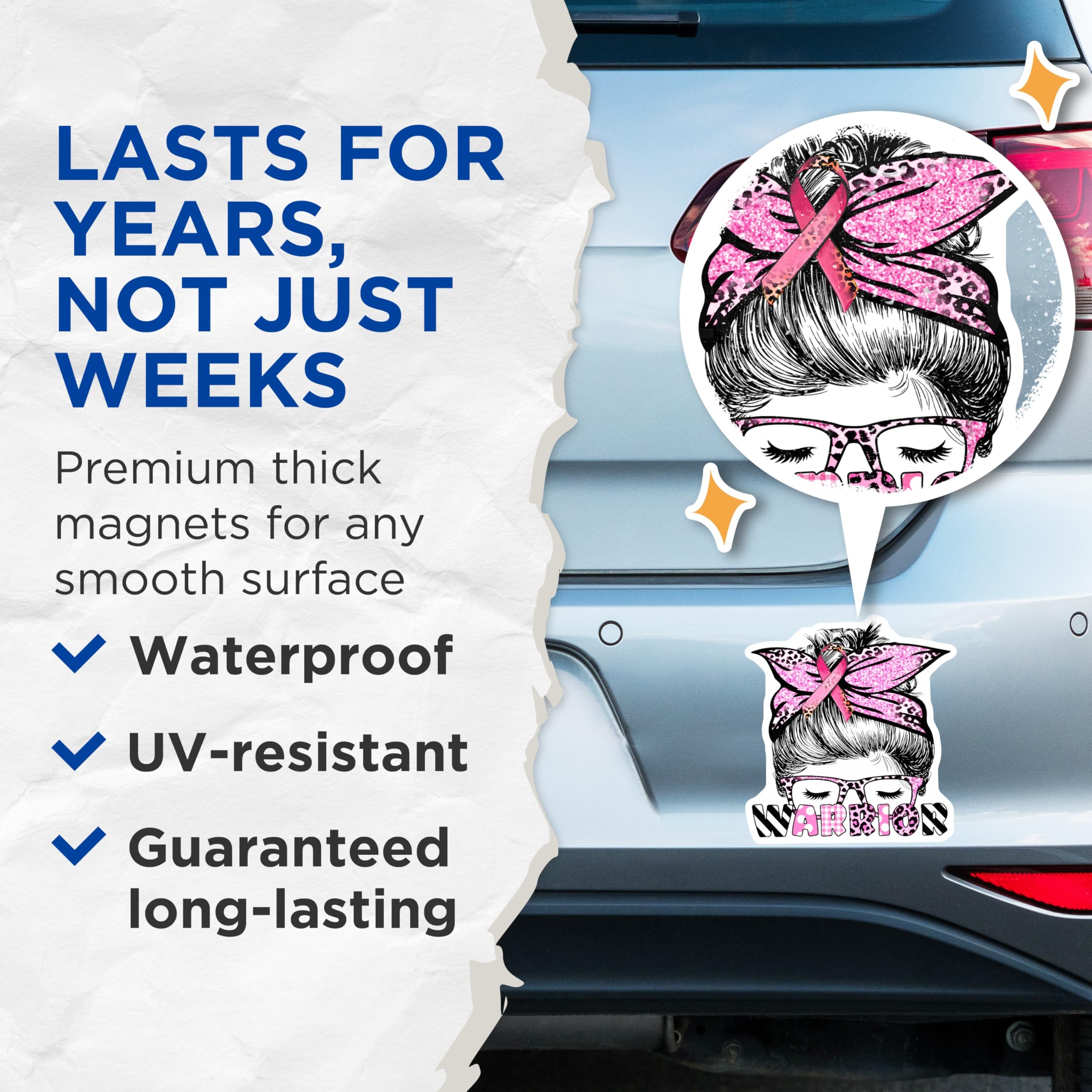 (2 Pack) Breast Cancer Warrior Magnets - Messy Bun - Pink Ribbon Magnet Set - 5" On Longest Side - Premium Magnet - for Cars, Refrigerators, Toolboxes, Lockers - Made in USA - MAG16808