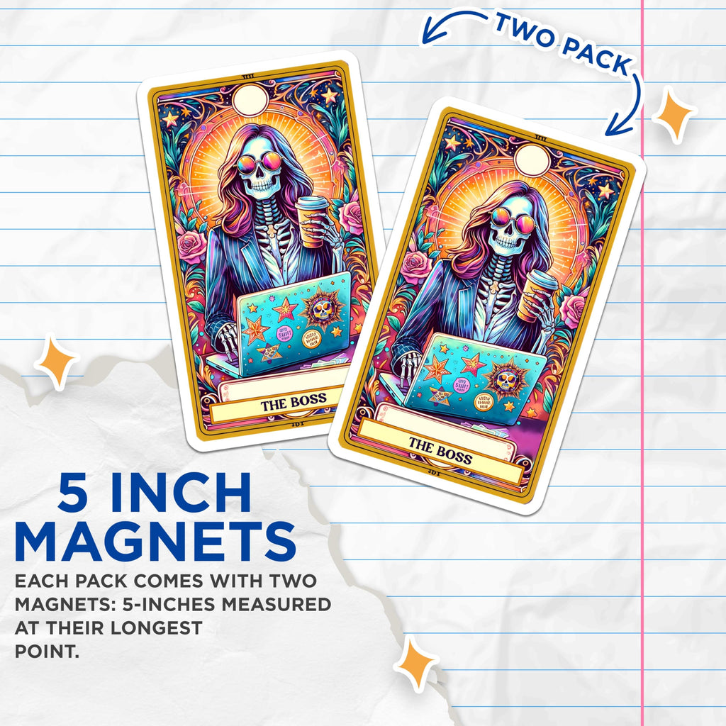 (2 Pack) Boss Skeleton Magnets - Tarot Card WFH Decor - Entrepreneur Office Art - Unique Skull Lover Refrigerator Magnet - 5 Inches On Longest Side - Thick Durable Magnet - Made in USA - MAG22448