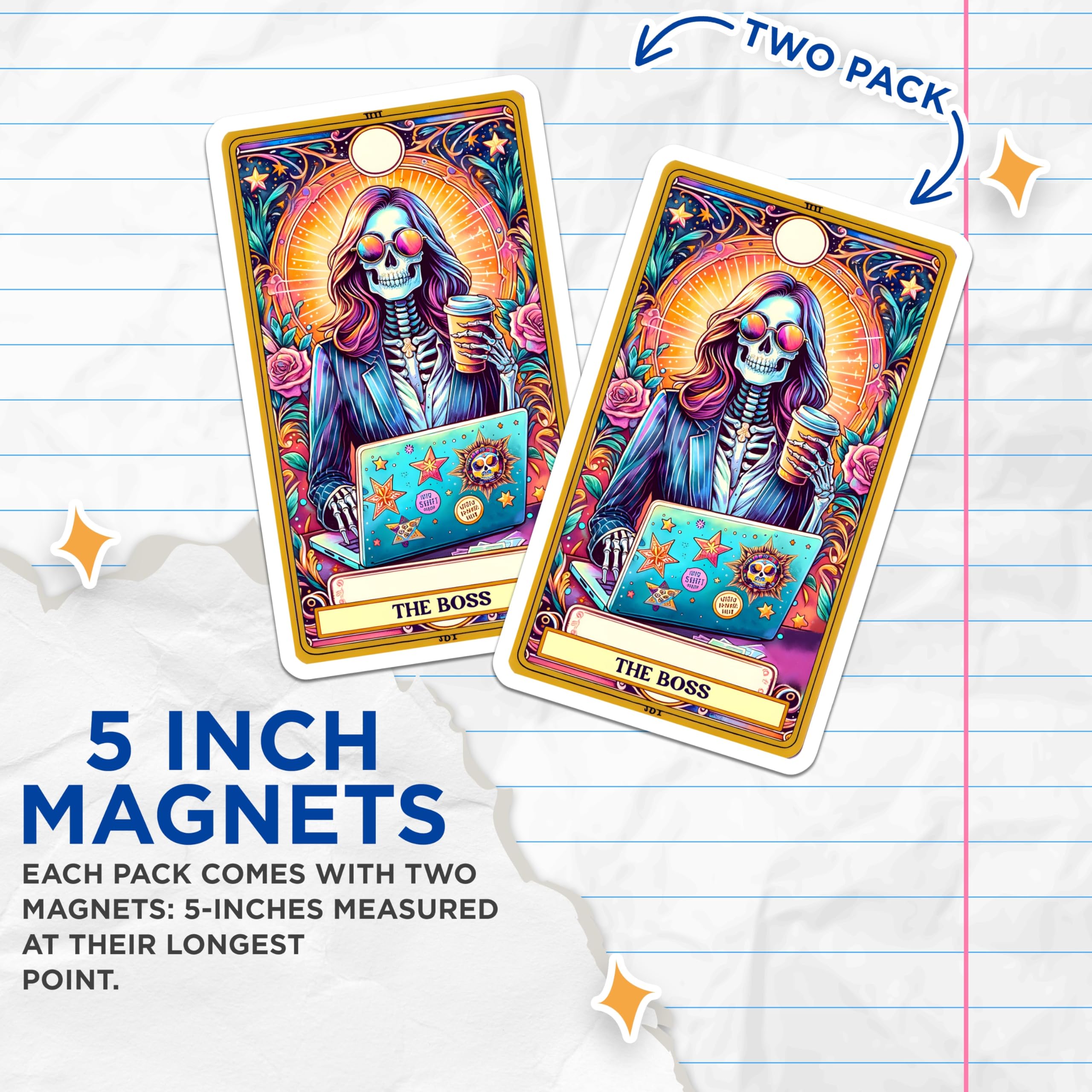 (2 Pack) Boss Skeleton Magnets - Tarot Card WFH Decor - Entrepreneur Office Art - Unique Skull Lover Refrigerator Magnet - 5 Inches On Longest Side - Thick Durable Magnet - Made in USA - MAG22448