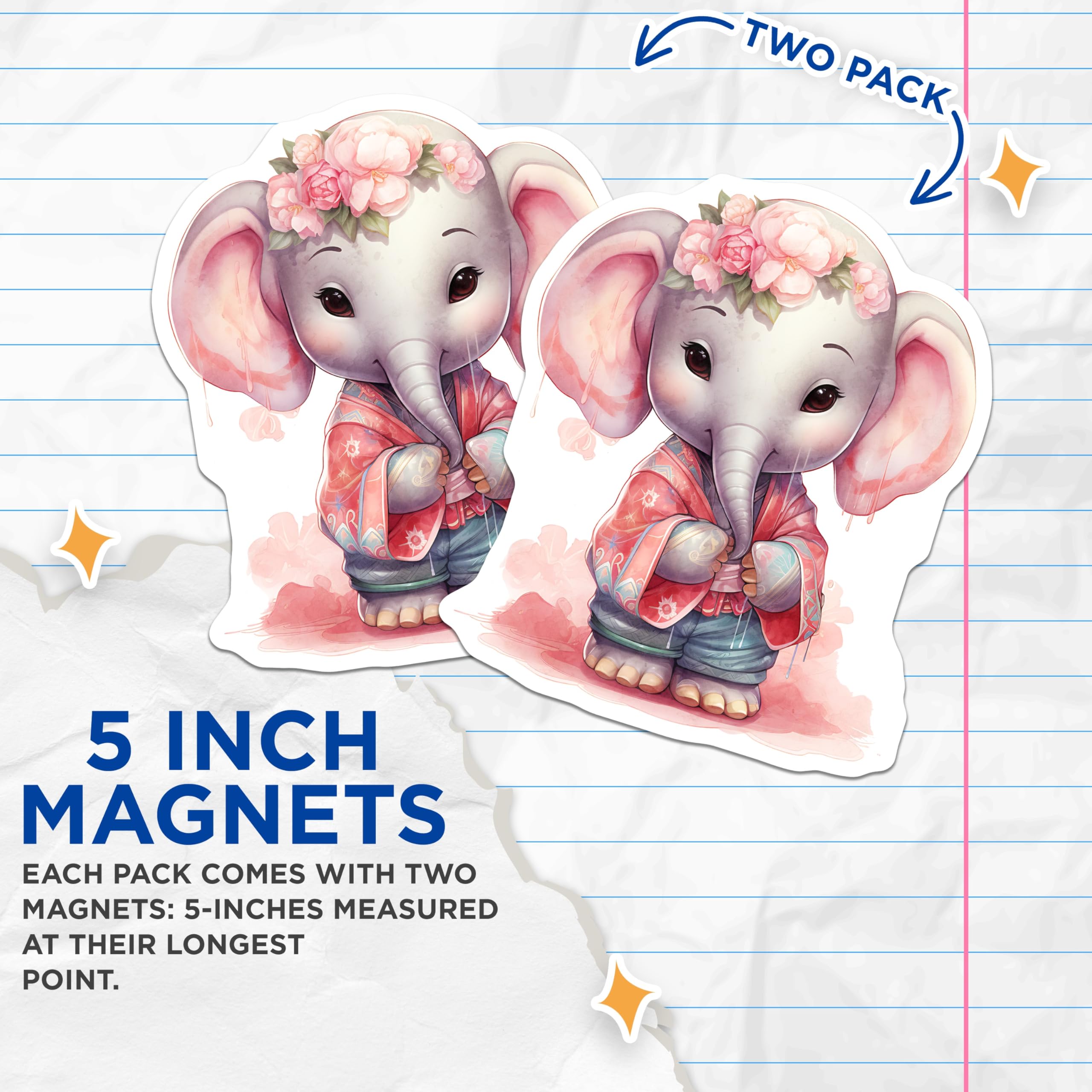 (2 Pack) Elephant Flower Crown Magnets - Cute Animal Decor - Fridge Magnets - 5" On Longest Side - Premium Magnet - for Cars, Refrigerators, Toolboxes, Lockers - Made in USA - MAG16870