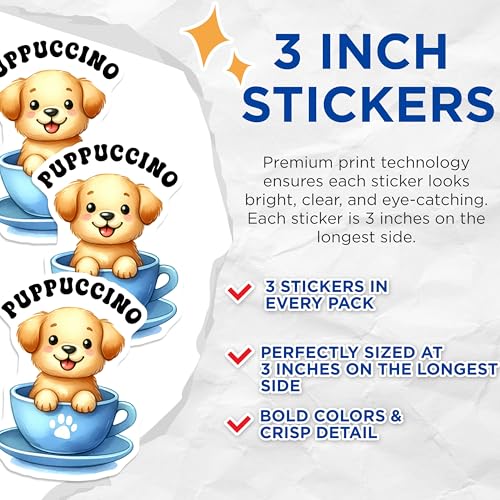 (3 Pack) Puppuccino Decals - Cute Dog Stickers - Coffee Cup Pup Decals - 3 Inches On Longest Side - Easy Peel & Apply - Made in USA - 3MCS2074