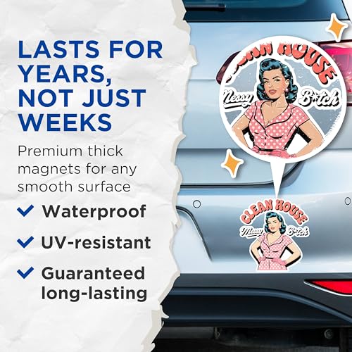 (2 Pack) Clean House Magnets - Sassy Kitchen Magnets - Retro Housewife Magnets - Funny Home Decor Magnets- 5" On Longest Side - for Fridges, Toolboxes, Cars - Made in USA - MAG2942