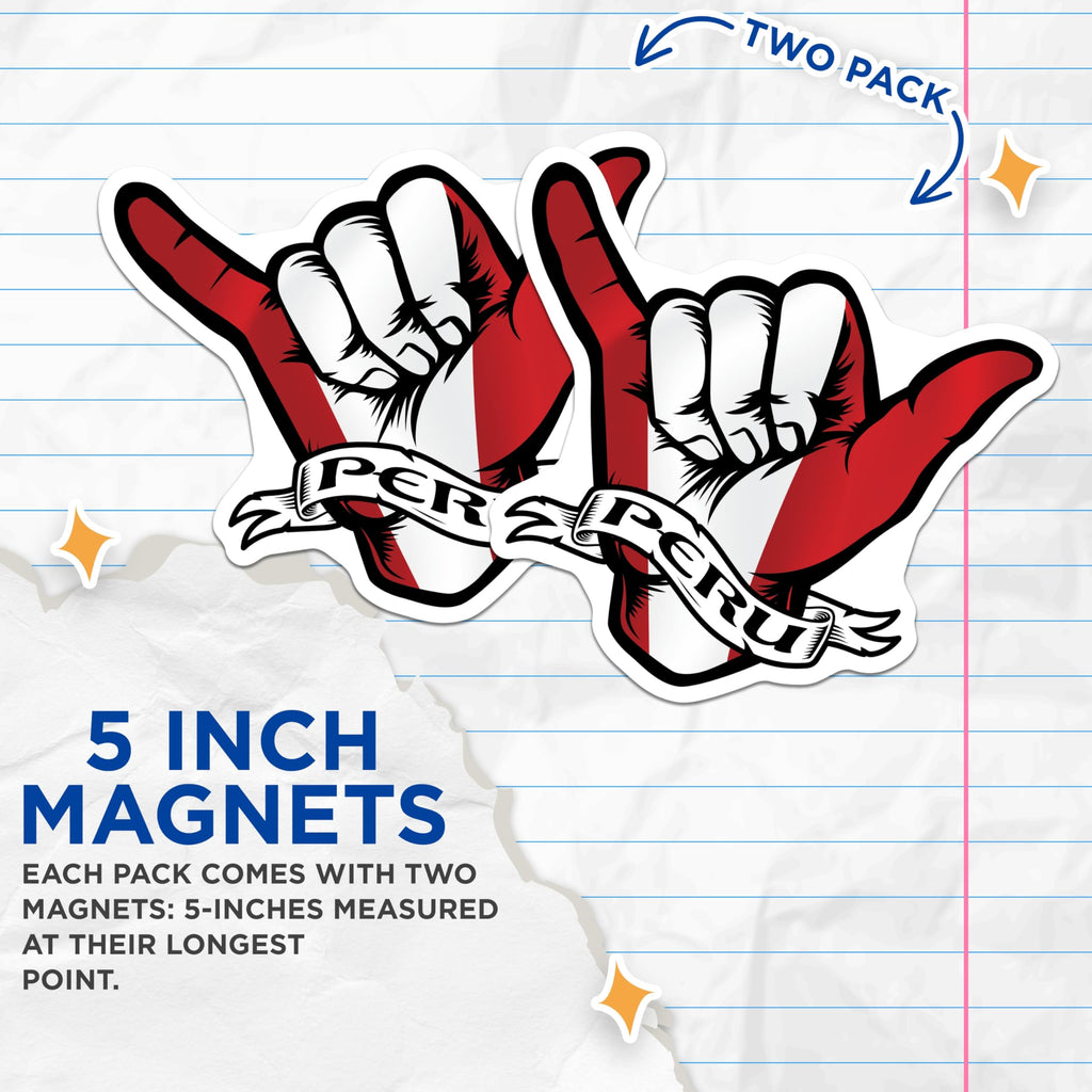 (2 Pack) Peru Shaka Hand Magnets - Peruvian Flag - Peru Pride Fridge Magnets - 5" On Longest Side - Premium Magnet - for Cars, Refrigerators, Toolboxes, Lockers - Made in USA - MAG18523