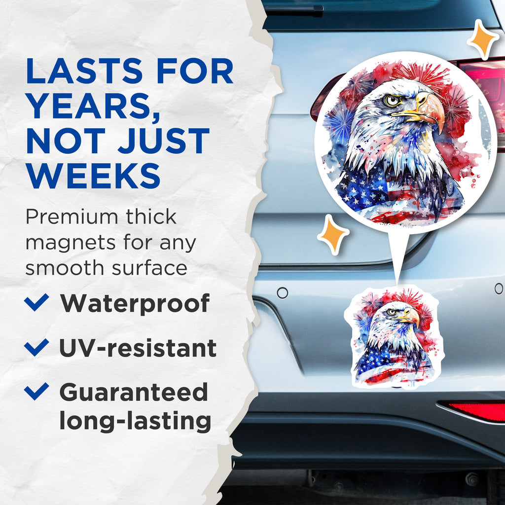 (2 Pack) Patriotic Eagle Magnets - American Flag Art - Fourth of July Decor - Veterans Day - 5 Inches On Longest Side - Thick Durable Magnet - Made in USA - MAG36373