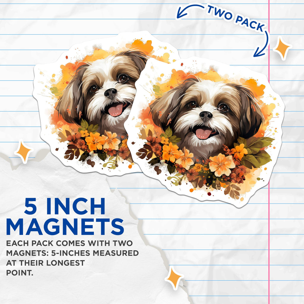 (2 Pack) Shih Tzu Dog Magnets - Autumn Puppy Art - Pet Lover Refrigerator Decor - Fall Kitchen Decor - 5 Inches On Longest Side - Thick Durable Magnet - Made in USA - MAG30923