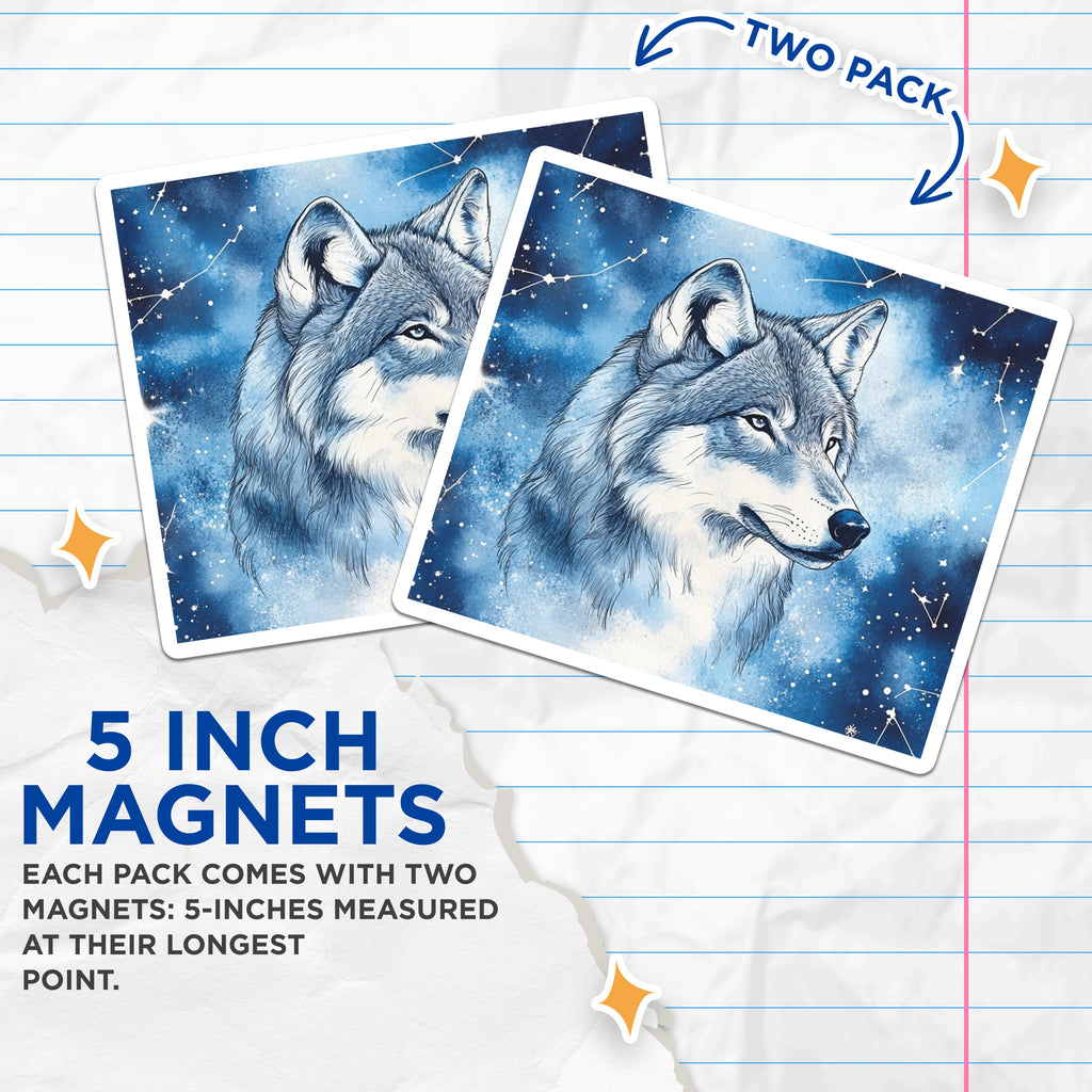 (2 Pack) Celestial Wolf Magnets - Starry Night Animal Art - Watercolor Wildlife Decor - 5 Inches On Longest Side - Thick Durable Magnet - Made in USA - MAG36896