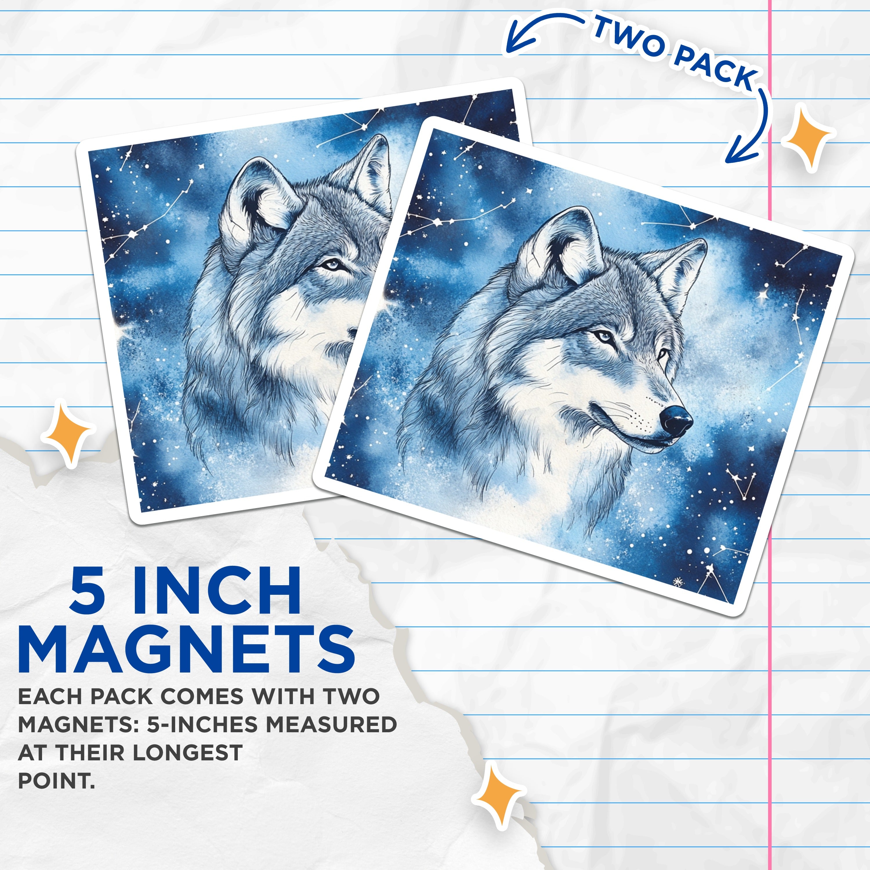 (2 Pack) Celestial Wolf Magnets - Starry Night Animal Art - Watercolor Wildlife Decor - 5 Inches On Longest Side - Thick Durable Magnet - Made in USA - MAG36896