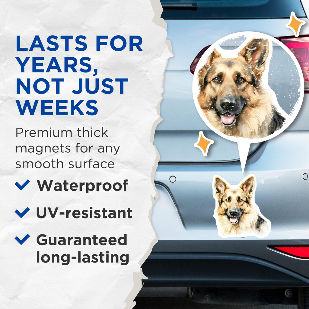 (2 Pack) German Shepherd Magnets - Watercolor Dog Art - Loyal Canine Decor - Dog Mom Dad Present - 5 Inches On Longest Side - Thick Durable Magnet - Made in USA - MAG28668