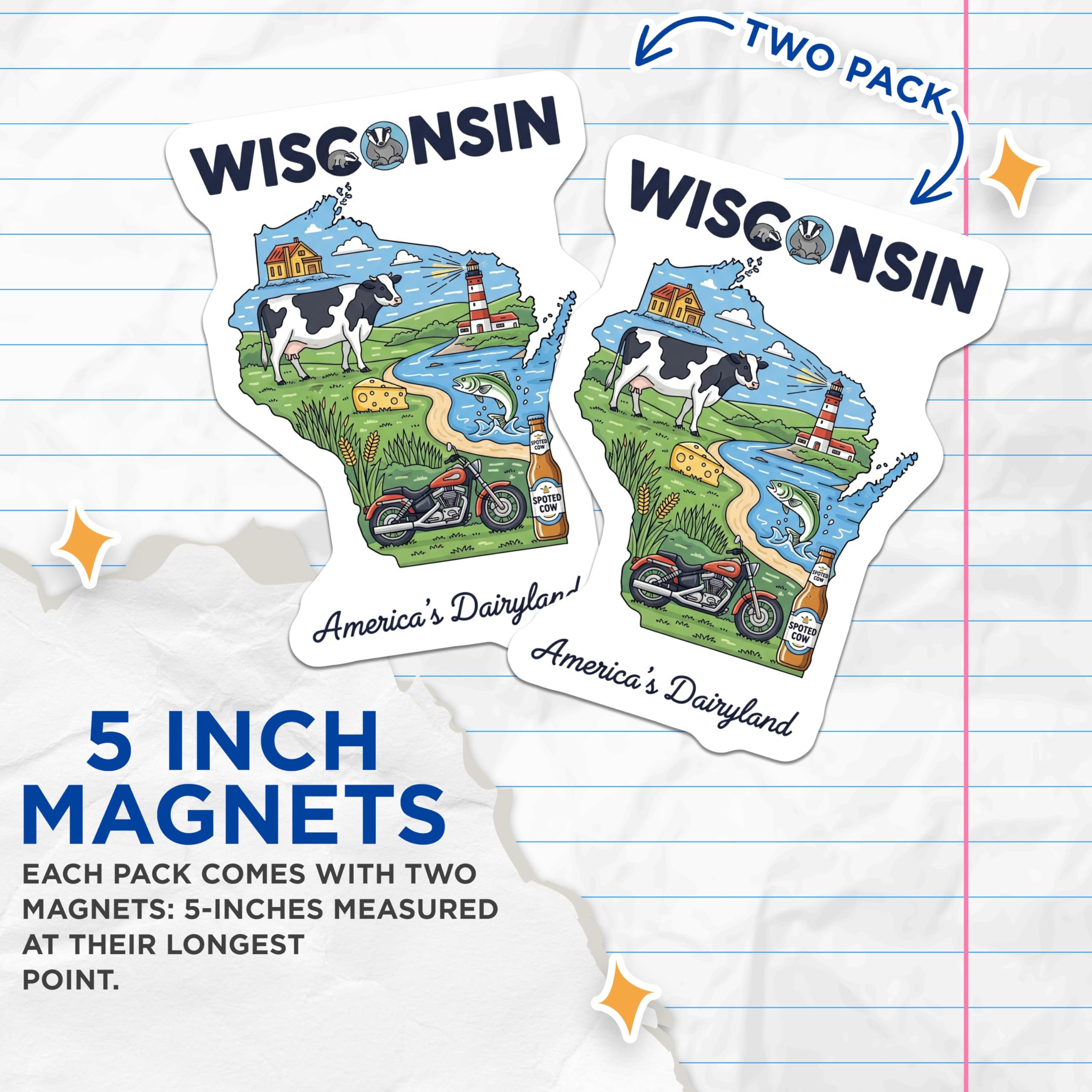 (2 Pack) Wisconsin Magnets - Dairyland Theme - Travel Souvenir- Fridge Decor - 5" On Longest Side - Premium Magnet - for Cars, Refrigerators, Toolboxes, Lockers - Made in USA - MAG18628
